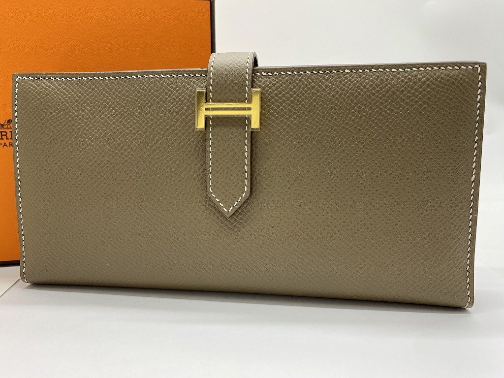 ■未使用保管品【HERMES エルメス ベアンスフレ 18ETOUPE エトープ C刻印 2018年 ヴォーエプソン ゴールド金具 マチ有 長財布 箱 タグ付き拍卖