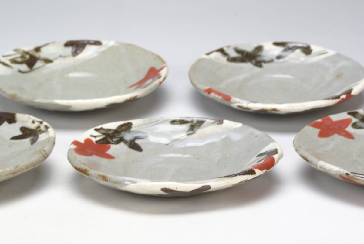 【湖美】虎渓山 水月窯 赤絵楓文 銘々皿 五枚 皿 食器 料理器 共箱 荒川豊蔵拍卖