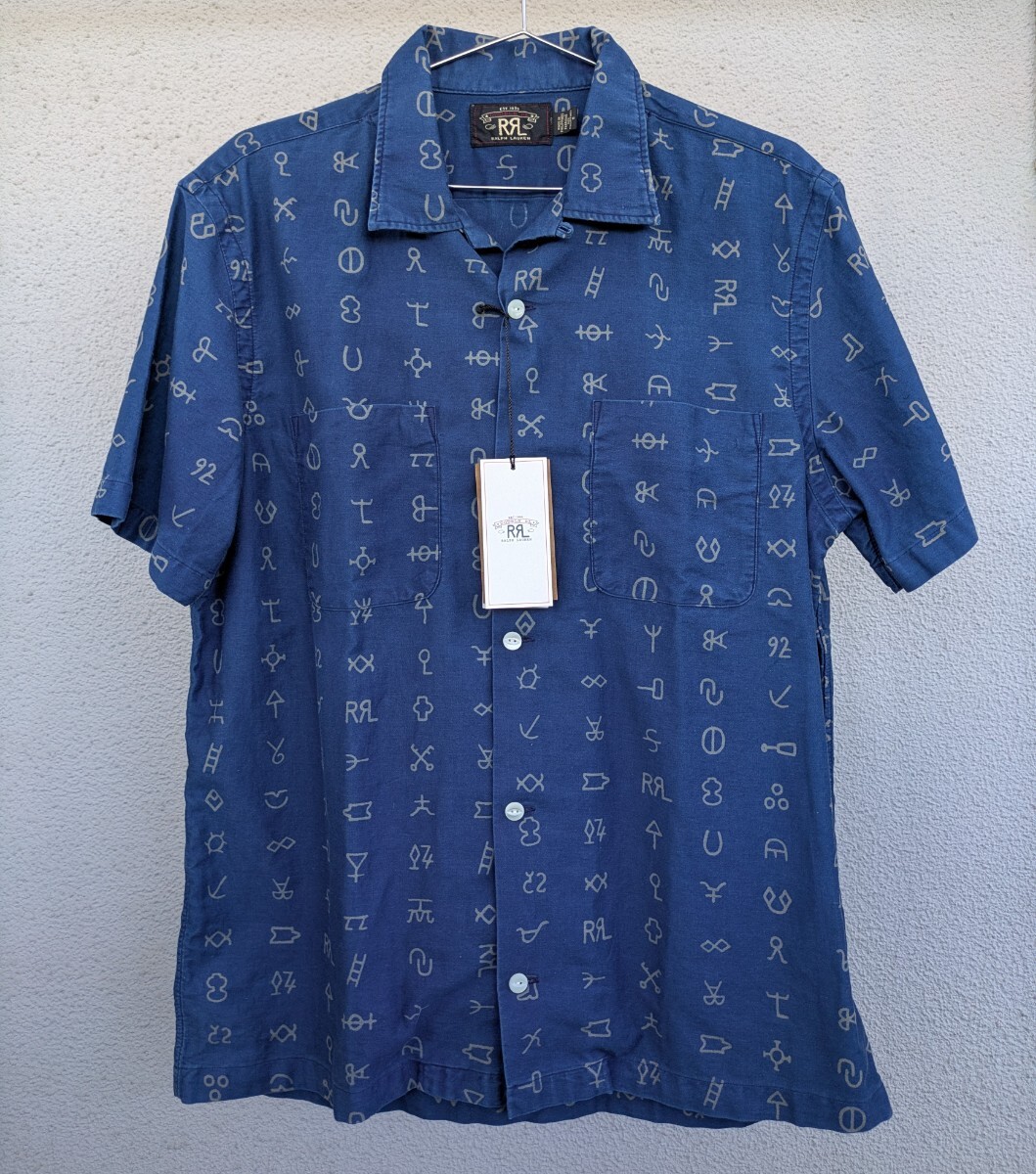 新品未使用 RRL インディゴ染め 記号 総柄 開襟半袖シャツ ダブルアールエル ラルフローレン ポロカントリー ビンテージ ヴィンテージ 拍卖