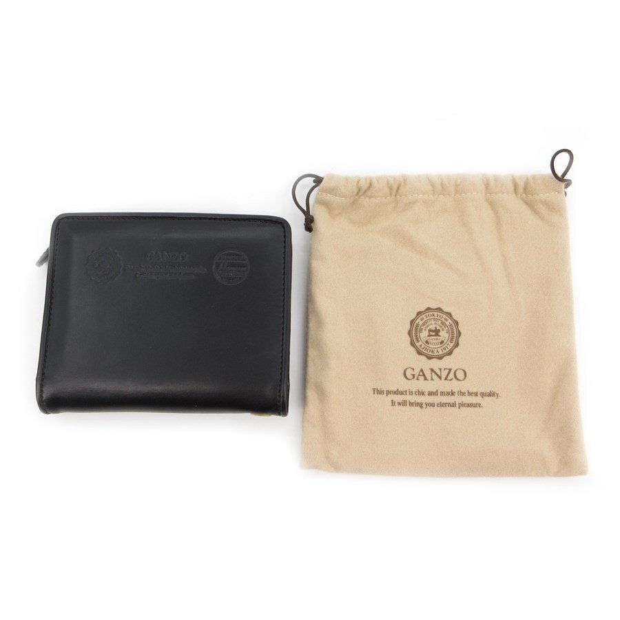 送料無料 ガンゾ GANZO 財布 二つ折り L字ファスナー レザー チェック柄 L字ファスナー 黒 ブラック メンズ拍卖