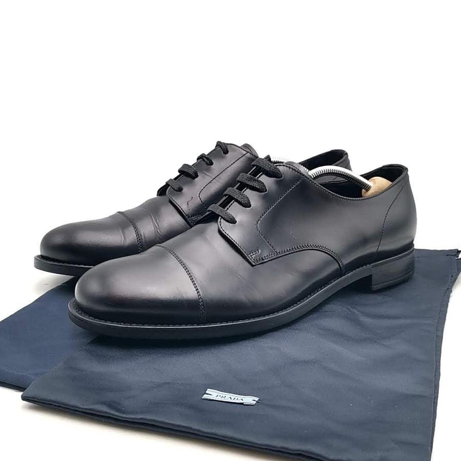 送料無料 美品 プラダ PRADA ビジネスシューズ レースアップ レザー 8 1/2 28cm相当 ブラック系 メンズ拍卖