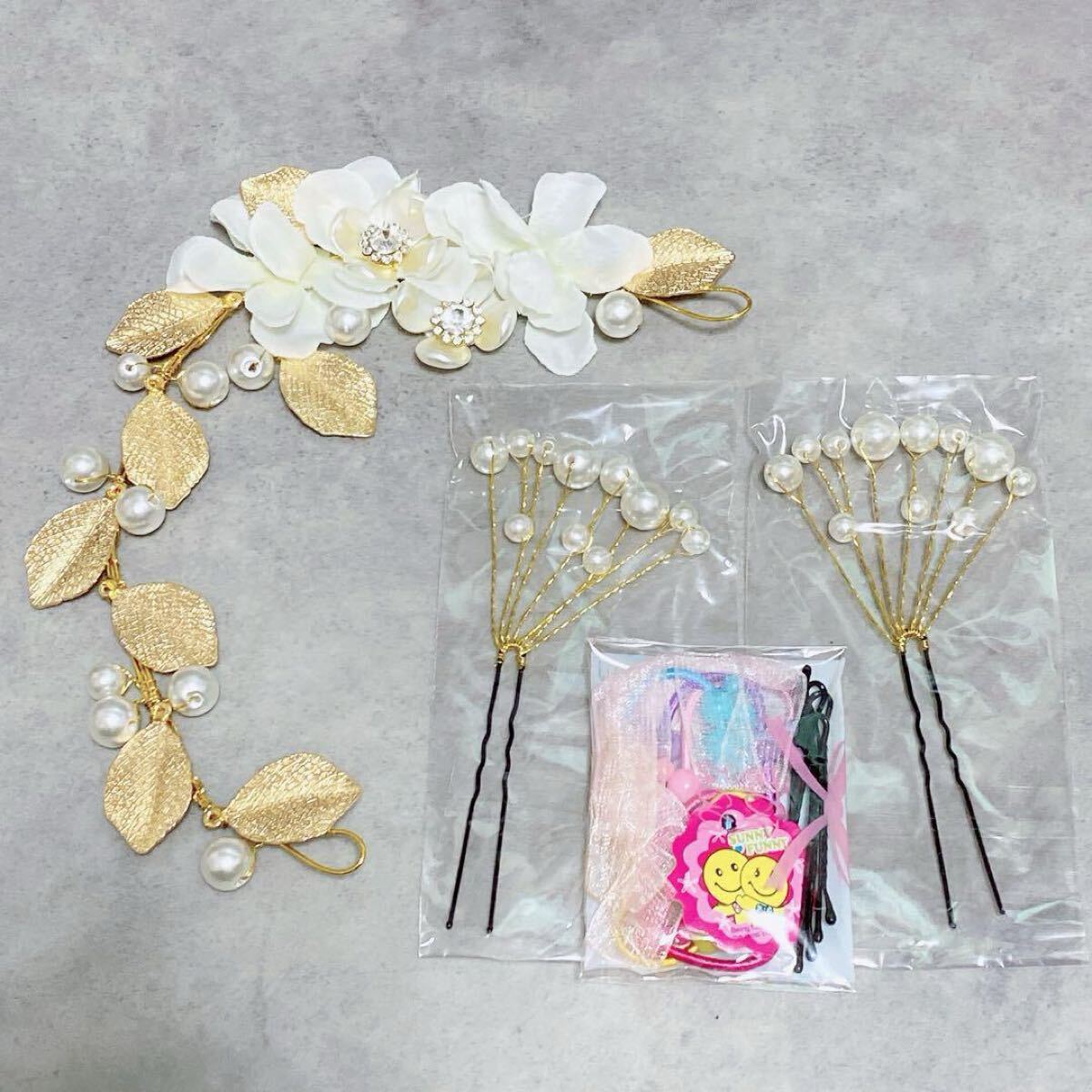 ヘッドドレス 金葉 花 ホワイト パール ゴールド キッズ 女の子 パーティ拍卖