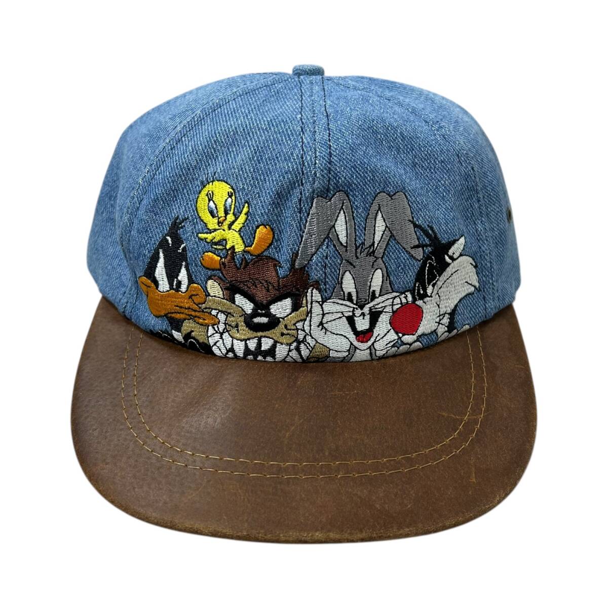 90s ルーニー テューンズ 1996 レザー バイザー デニム キャップ サイズ フリー拍卖