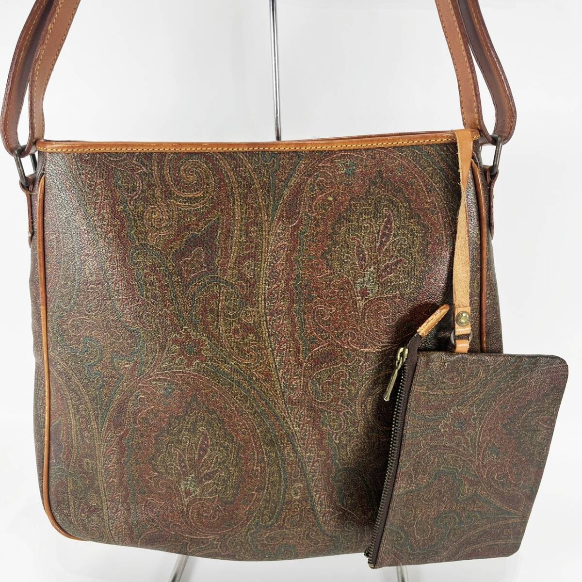 美品 ETRO エトロ ショルダーバッグ ポーチ付き ペイズリー柄 90-299270 0041 ブラウン拍卖