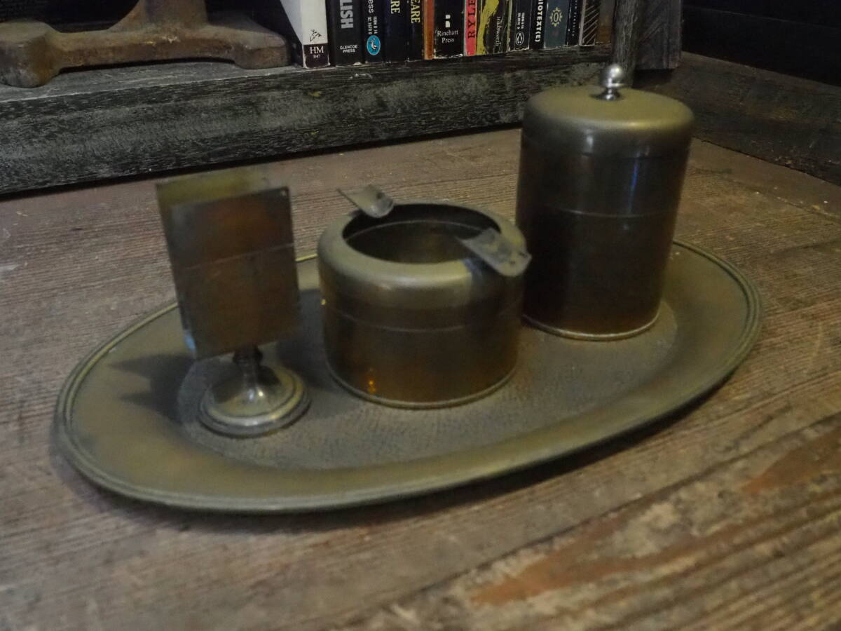 【真鍮の卓上喫煙具セット】マッチ置き灰皿煙草ケース古道具シガー昭和レトロアンティーク骨董インテリア葉巻インダストリアルライター拍卖