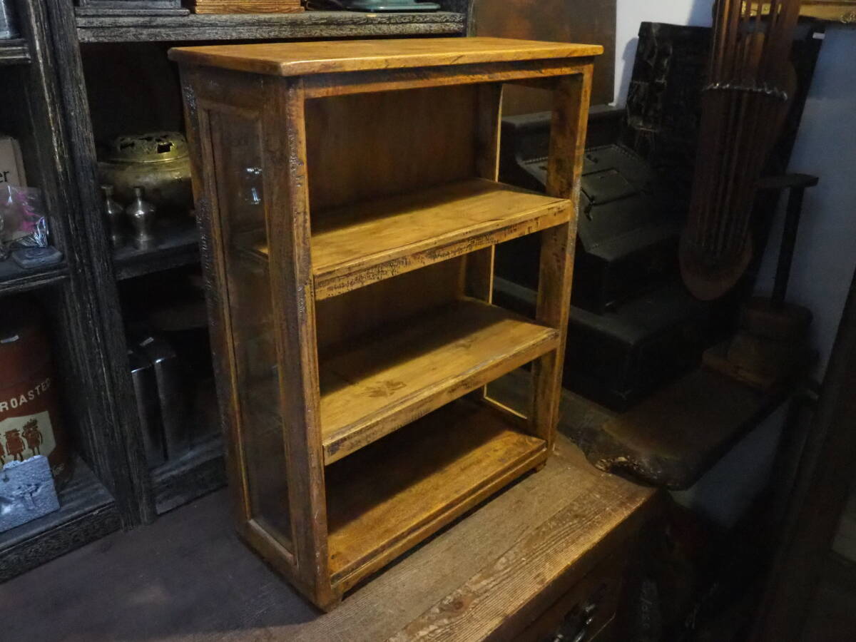 【インドネシアアンティーク木製ガラスケース】無垢材オールドチーク本棚ショーケース食器棚コレクションケース古道具骨董インテリア箪笥拍卖