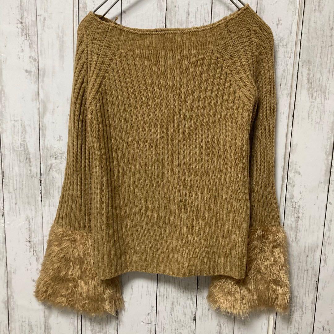 ジーナシス ニットセーター ブラウン系 袖ファー 秋冬 シンプル カジュアル拍卖