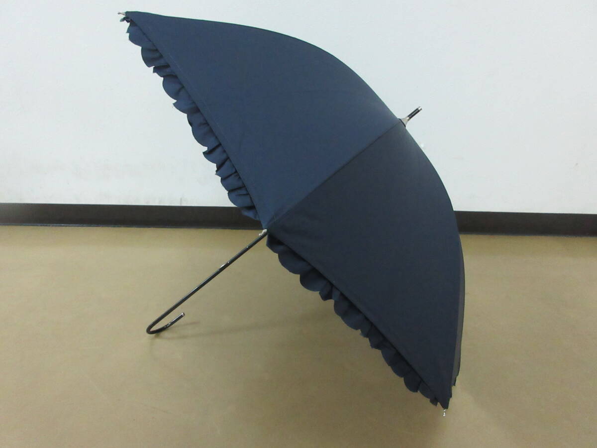( せ-A4-8113 )because ビコーズ 日傘 長傘 手開き式 ネイビー フリル おしゃれ かわいい 全長約70cm 半径約44cm 中古拍卖