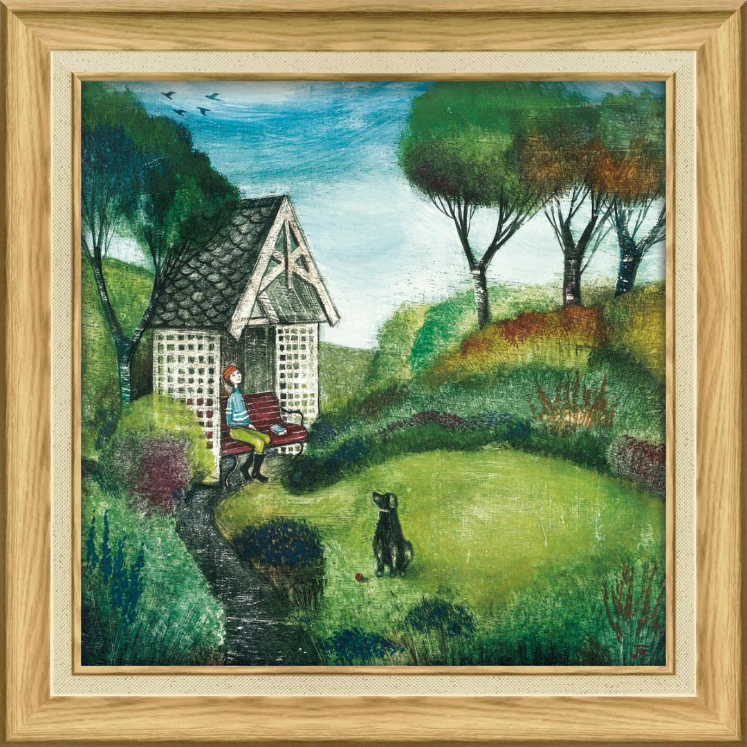 ジョーラム シークレットガーデン 絵画 額装 アートフレーム 定価9900円★新品 送料無料★油絵 犬 風景 黒ラブ イギリス ゲル加工 5516255拍卖