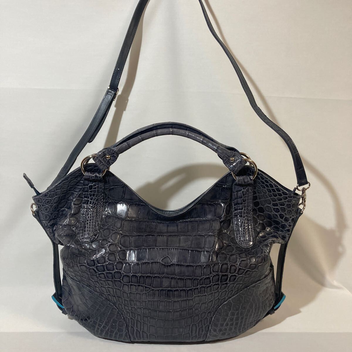 アリゲーター 2way ハンドバッグ ショルダーバッグ マット加工 ワニ革 パープルブラックカラー拍卖