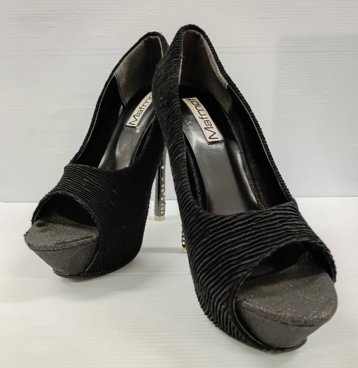 (G) Mafmof マフモフ オープントゥパンプス ブラック ラメ ラインストーン ピンヒール 厚底 Sサイズ ギャル系 キャバ系 派手 250515拍卖