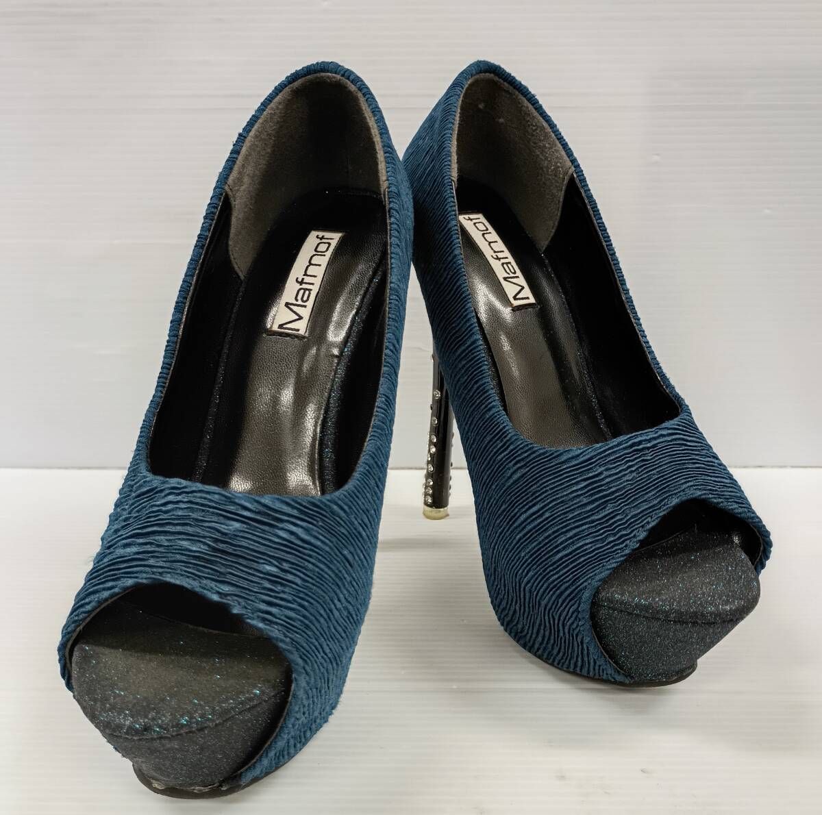 (G) Mafmof マフモフ オープントゥパンプス ダークブルー ラメ ラインストーン 厚底 Mサイズ ギャル系 キャバ嬢系 250515拍卖