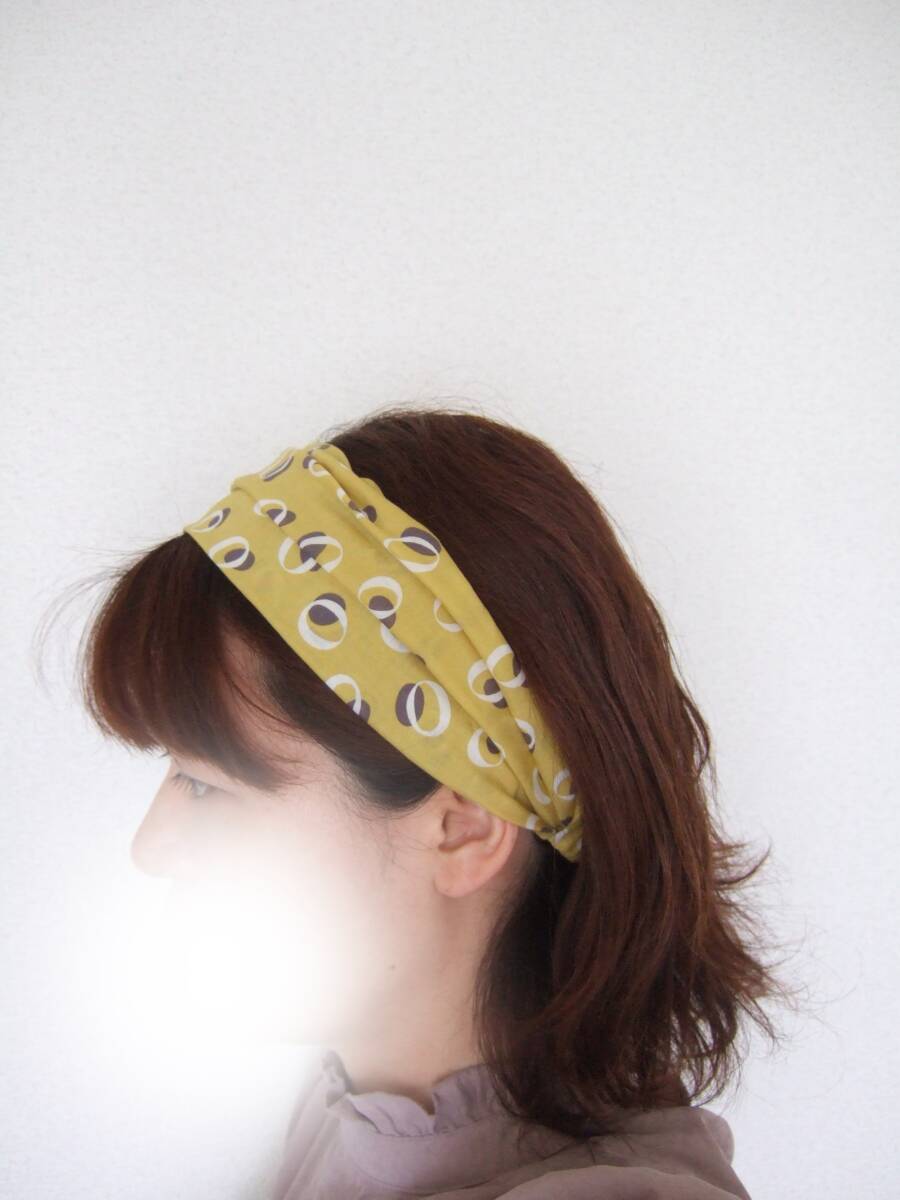 ★即決★ハンドメイド かわいいレトロ柄 マスタードイエロー 綿ローン薄手コットンのゆるターバン**ヘアバンド ゆるっと拍卖
