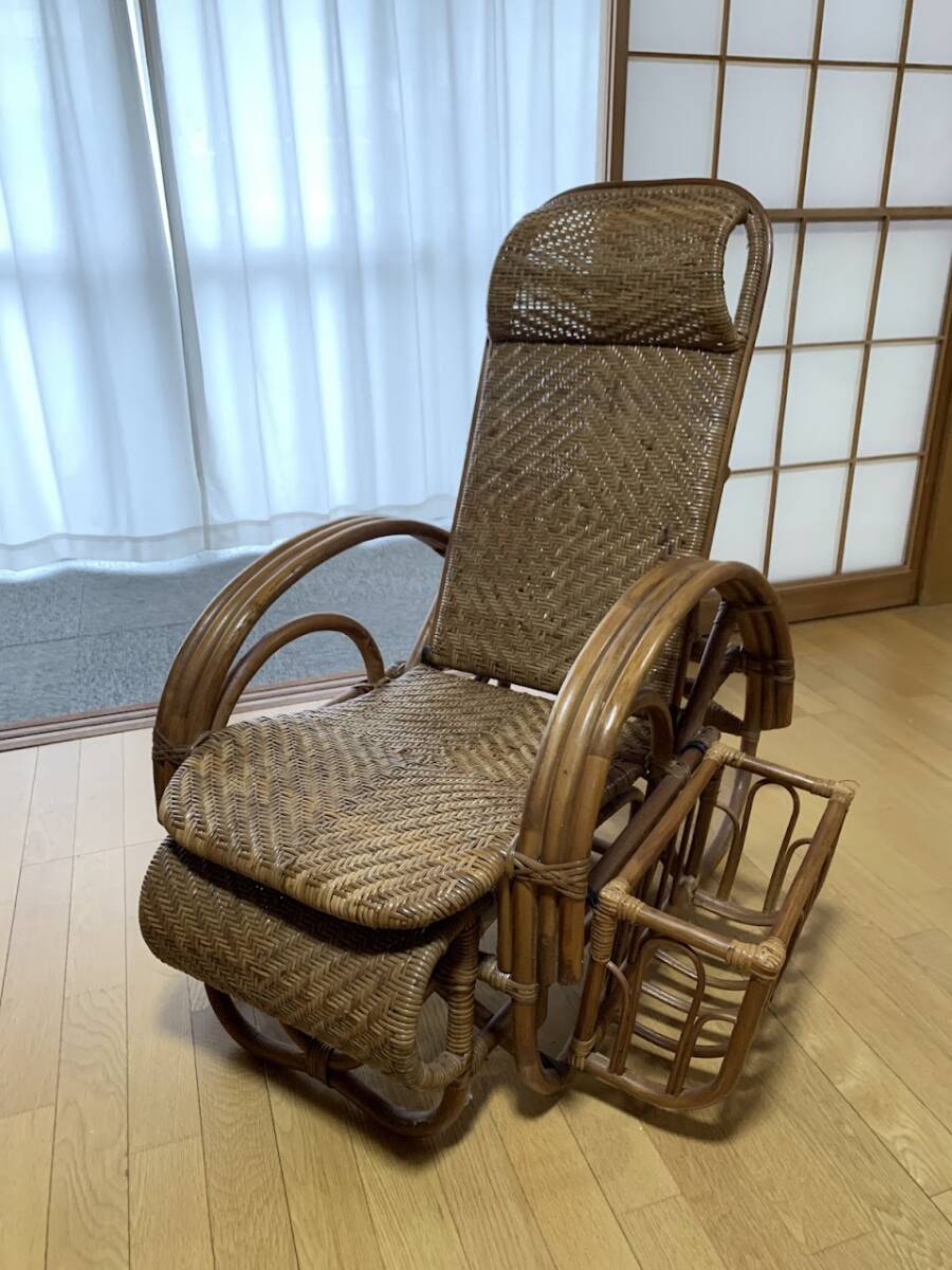 【 昭和レトロ ラタン リクライニングチェア オットマン付き 】籐家具 1人掛けソファー インテリア 椅子 ソファ拍卖