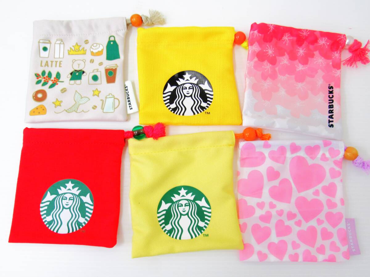 STARBUCKS スターバックス ミニ巾着袋 まとめて6点 25周年記念版 レッド イエロー サクラ ハート HG0512拍卖