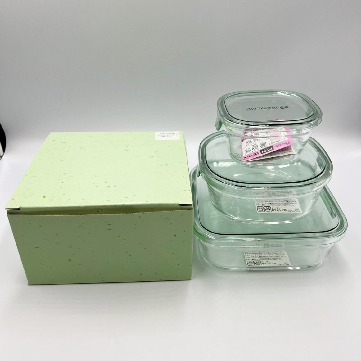 iwaki イワキ 耐熱ガラス 保存容器 グリーン 3個セット パック&レンジ 角型 PX-PRN-3G キッチン用品 保存容器拍卖