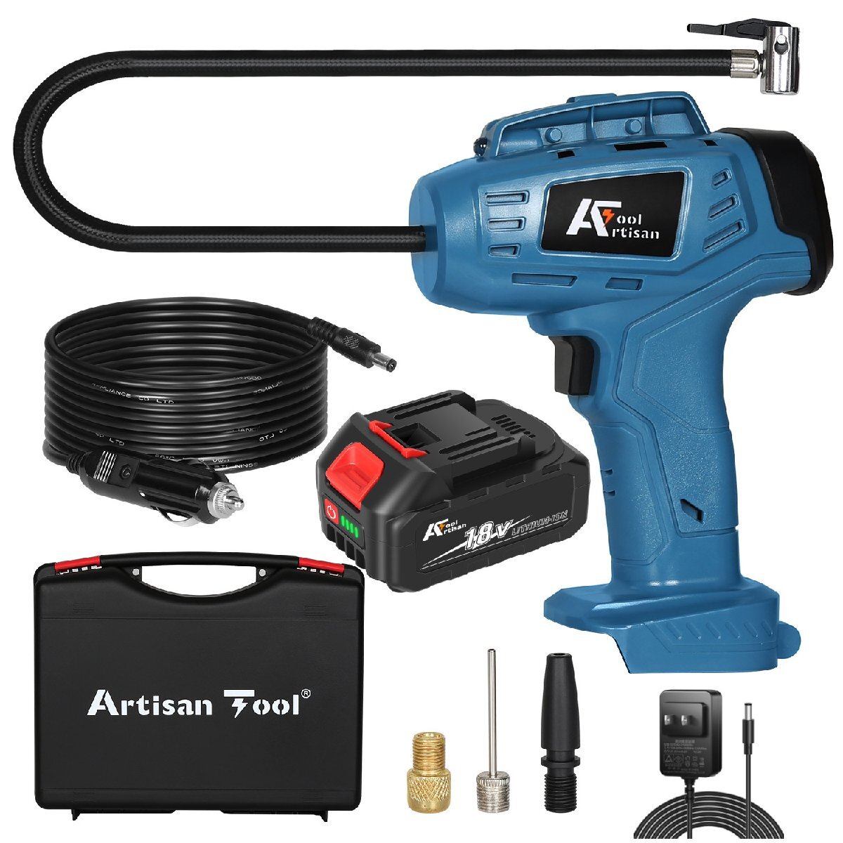 アルチザンツール 充電式エアコンプレッサー (青色) オートストップ機能 車のタイヤ 自転車のタイヤ 18Vバッテリー付き拍卖