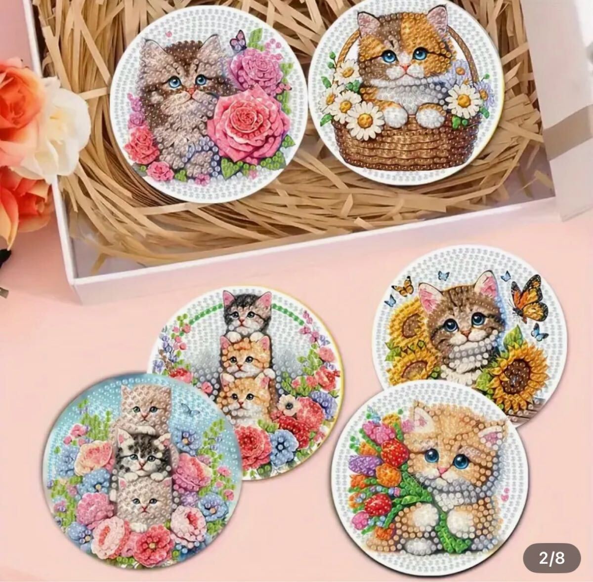 ダイヤモンドアート コースター 6枚セット スタンド付き キャット 完成品拍卖