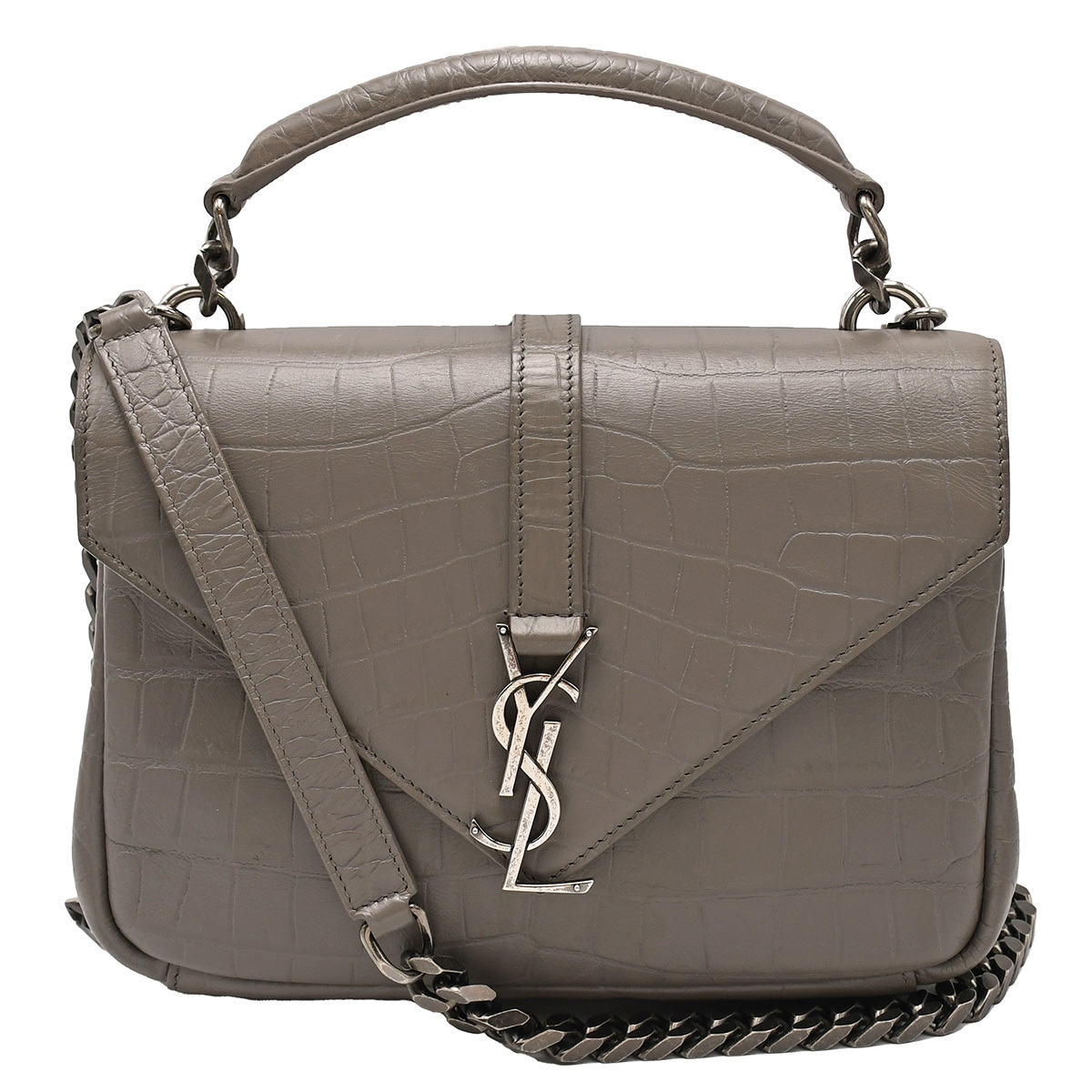 サンローランパリ SAINT LAURENT PARIS 2way ハンドバッグ チェーンショルダー 428101 型押し レザー グレー シルバー金具 レディース 中古拍卖