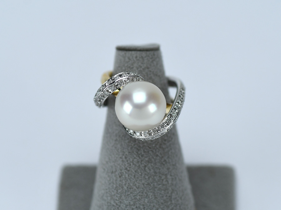 K18/Pt900 ファッションリング パール 12.4mm ダイヤモンド 0.37ct サイズ11号 プラチナ/K18 コンビリング ダイヤ/真珠 研磨仕上げ済 中古拍卖