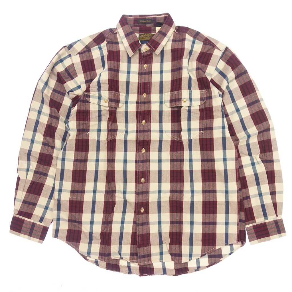 エディーバウアー エルクホーンツイルシャツ 80年代 黒タグ後期 コットン100% チェック メンズ パープル サイズL Eddie Bauer【LA】拍卖