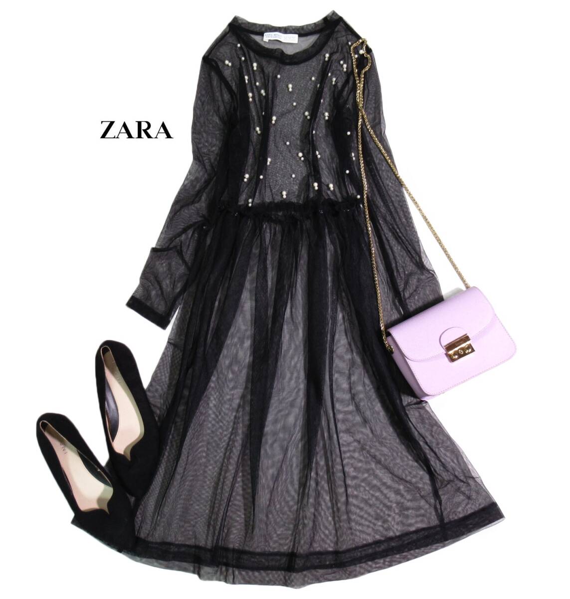 ザラ ZARA BASIC 大人可愛い☆パール付き シアー メッシュ ワンピース xs 拍卖
