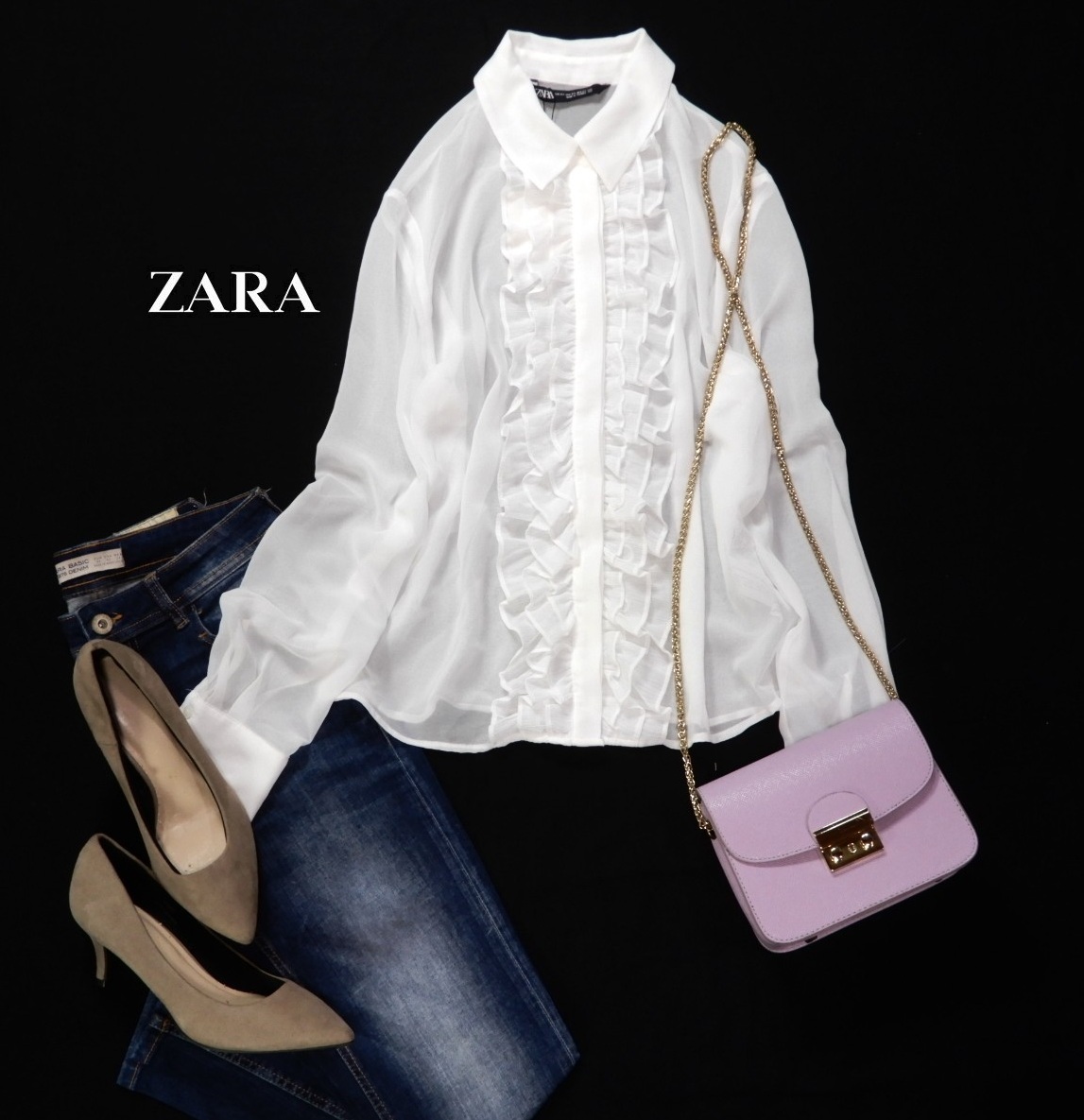 未使用 ザラ ZARA 大人素敵スタイル☆シアー フリル とろみ シャツ ブラウス xs拍卖