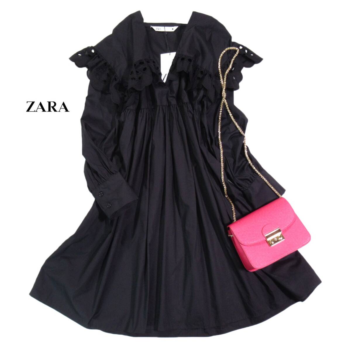 未使用 ザラ ZARA 大人可愛い☆ カットワークレース刺繍ビッグカラー 切り替えギャザー フレア デザイン ワンピース S拍卖