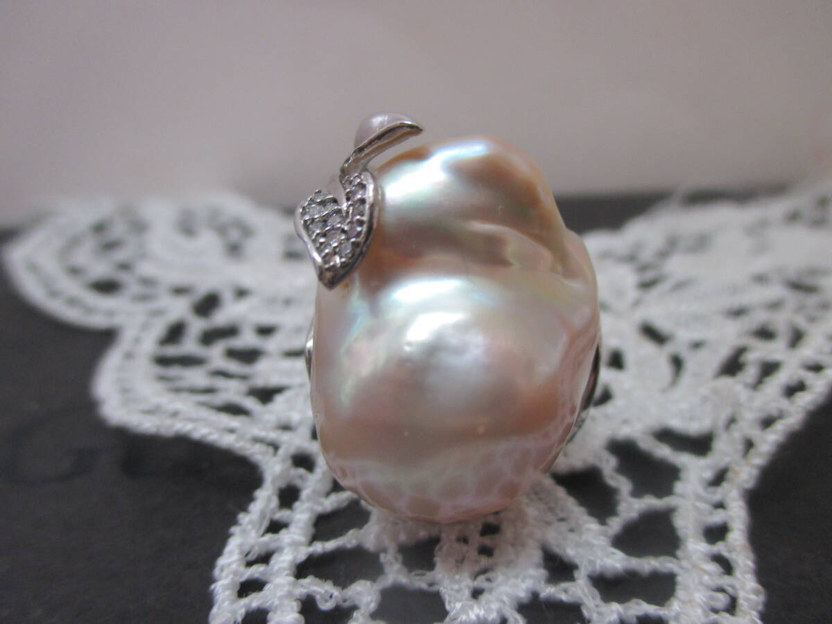 安く★錆びにくいステンレス♪★新品 天然調節可ラージ★テリいい淡いオレンジバロックパール女性らしいデイテールCZ細工リング♪♪拍卖