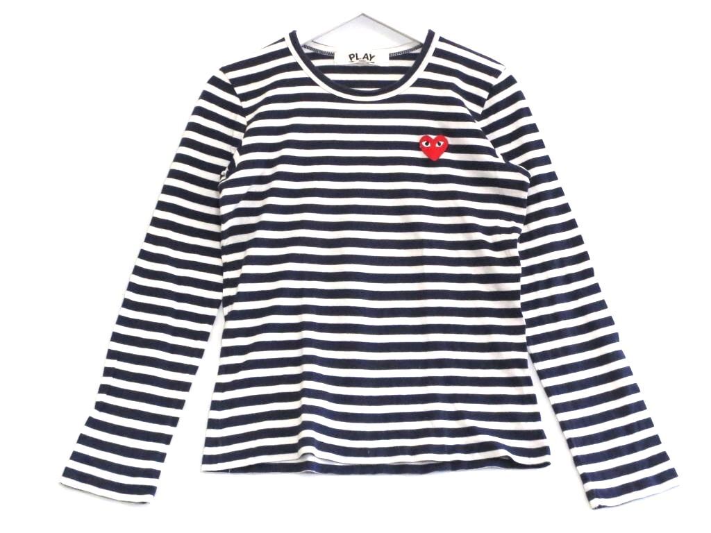 PLAY COMME des GARCONS プレイコムデギャルソン 綿天竺ボーダー クルーネック カットソー 長袖 ワンポイントロゴ M ネイビー拍卖