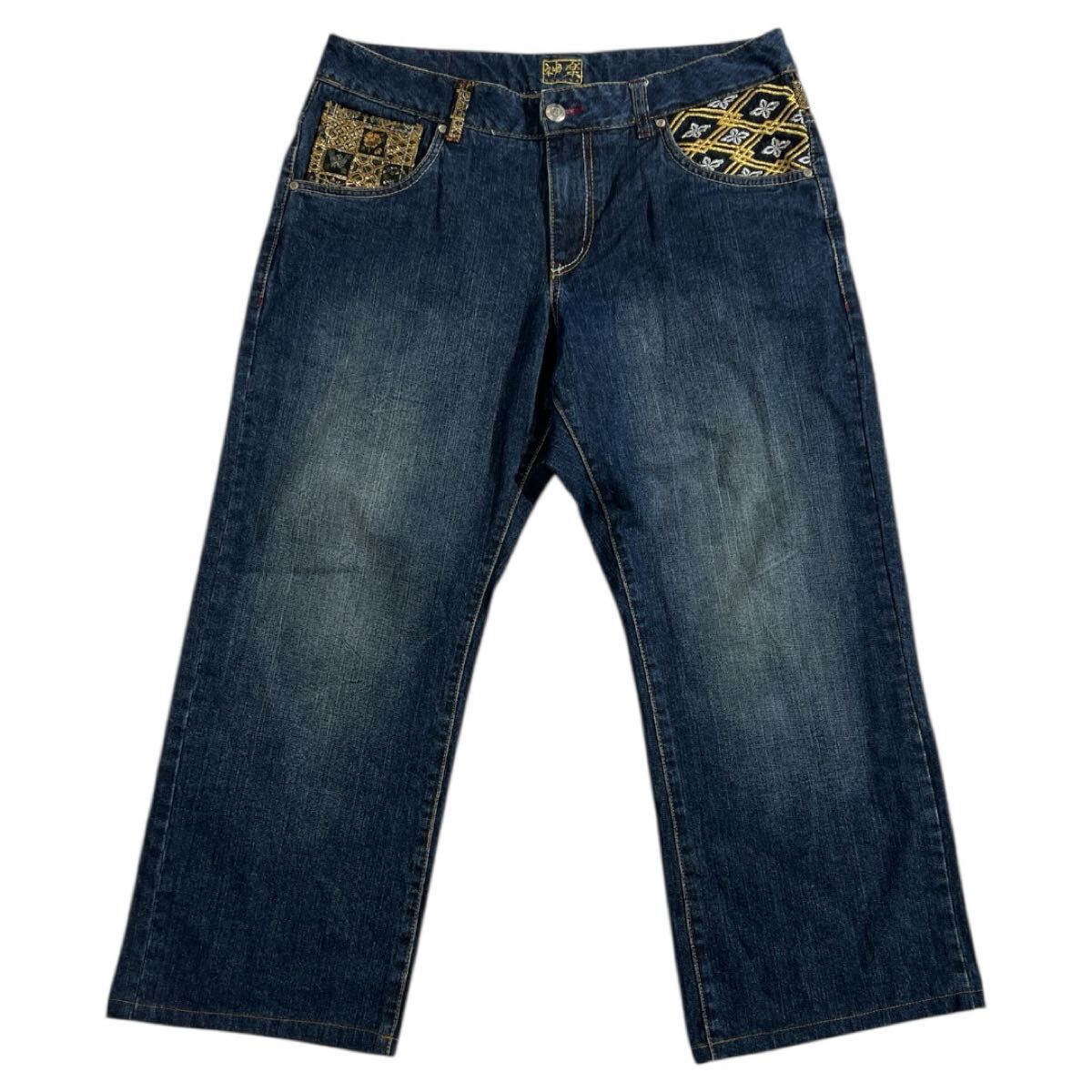 大きいサイズ ■ 神楽 KAGURA カグラ ■ 和柄 菊×桐×家紋 豪華 刺繍 ユーズド 色落ち加工 デニム インディゴブルー XXL拍卖