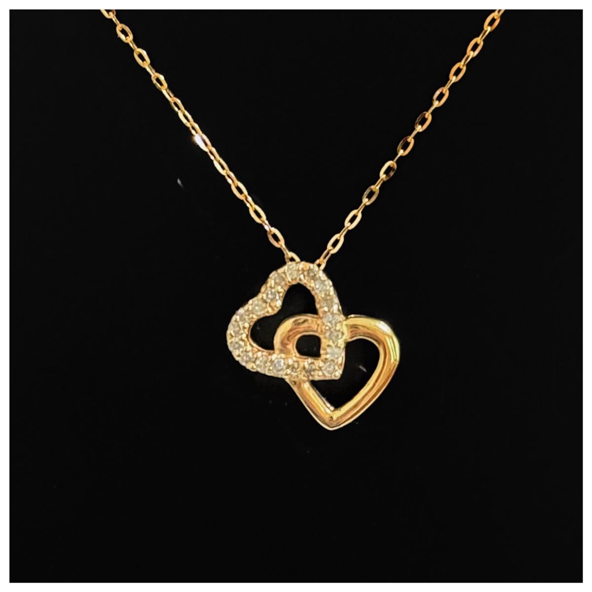 K18 K14 ピンクゴールド ダブルハート ダイヤ ネックレス ペンダント拍卖