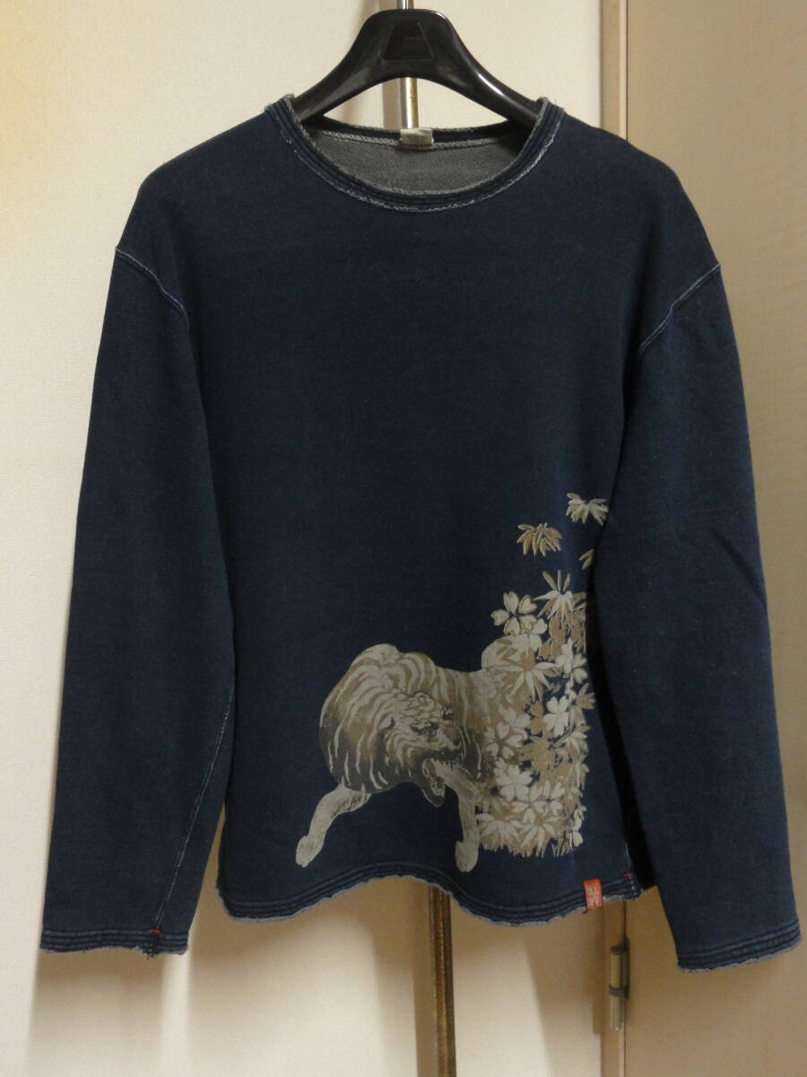 格安(L・胸囲114cm位)廃版レア・備中倉敷工房ETERNAL倉(エターナル)・藍染め系地・和柄 虎トラ桜サクラ竹タケ等?プリント入りトレーナー系拍卖