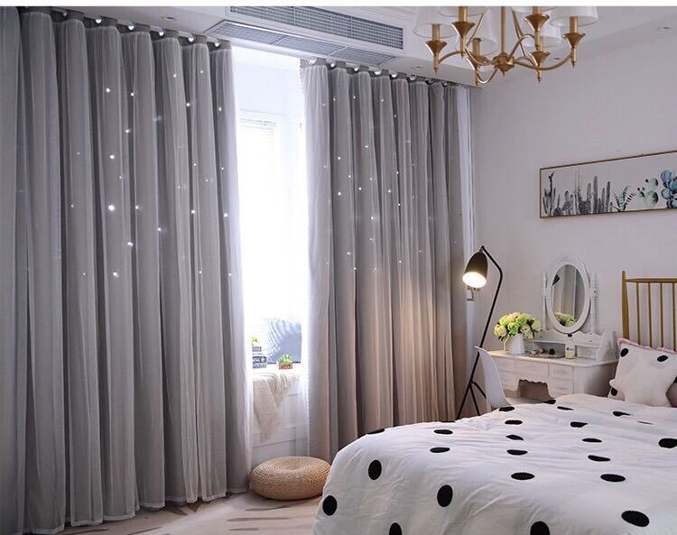 訳あり 二重カーテン レース付き 透かし彫り星 グレー 100x130 2枚 ドレープカーテン 遮光 可愛い 激安 拍卖
