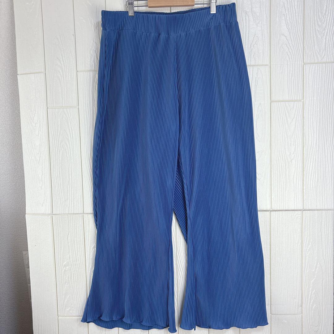 青いストライプガウチョパンツ 81cm ゆったりワイド 3L ウエストゴム拍卖