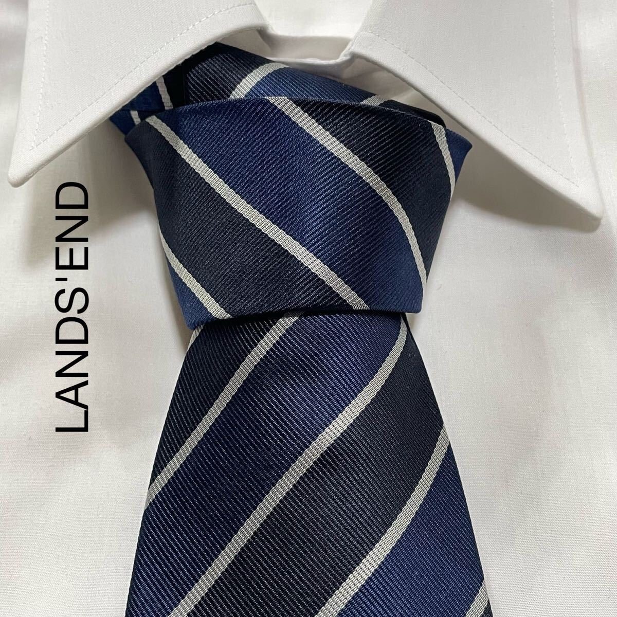LANDS'END ランズエンド レジメンタル ストライプ シルク ネクタイ ネイビー ライトグレー TG1414拍卖