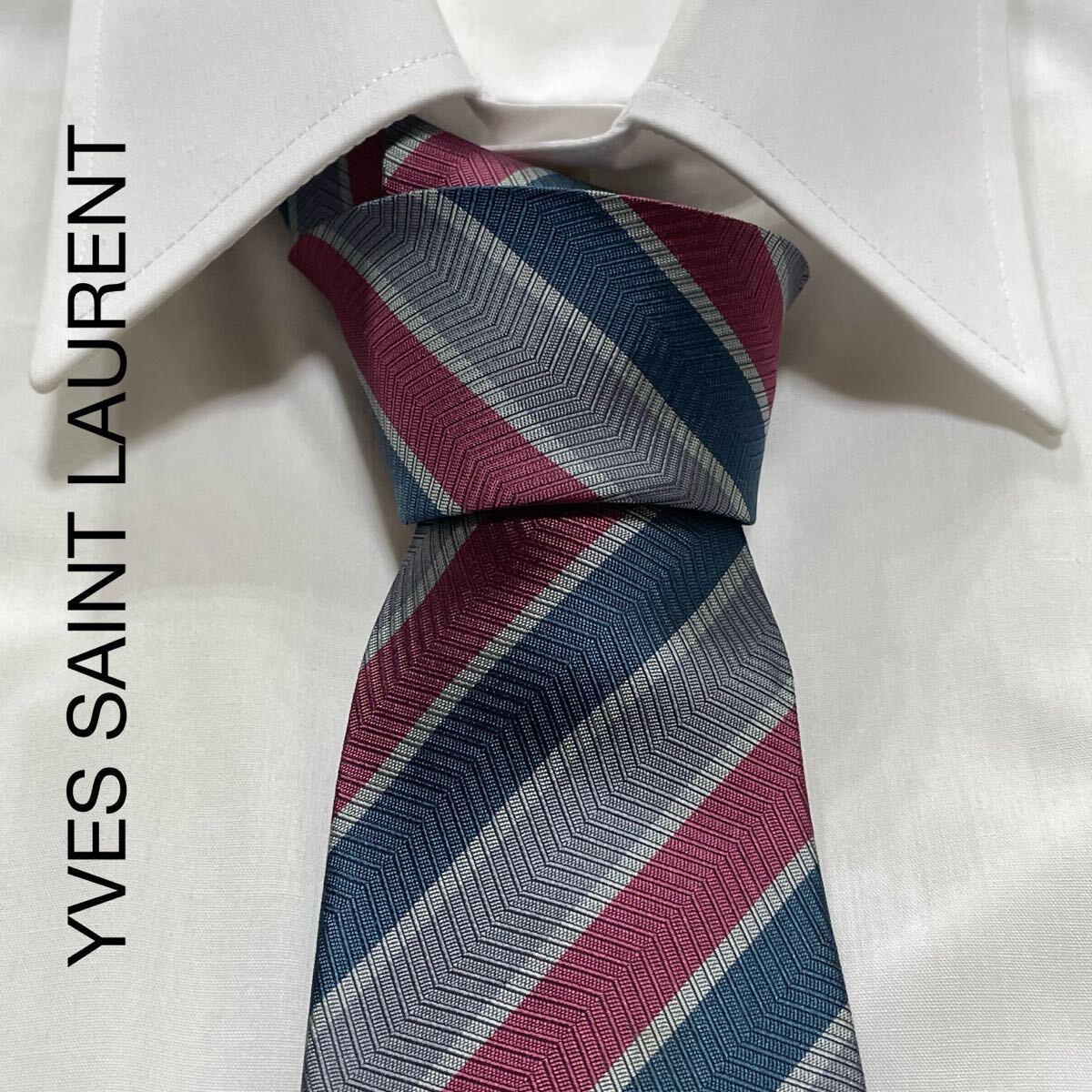 YVES SAINT LAURENT イヴサンローラン レジメンタル ストライプ シルク ネクタイ ピンク グレー ブルー TG1418拍卖