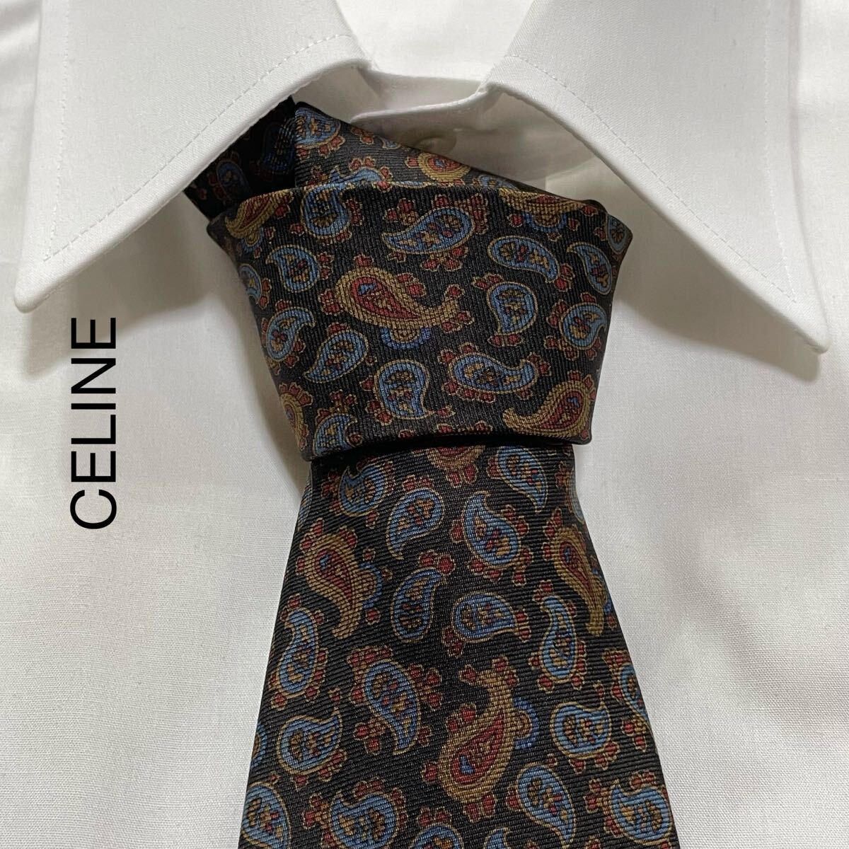 CELINE セリーヌ ペイズリー デザイン シルク ネクタイ スペイン製 ブラック オーカー ブルー ワイン TG1438拍卖