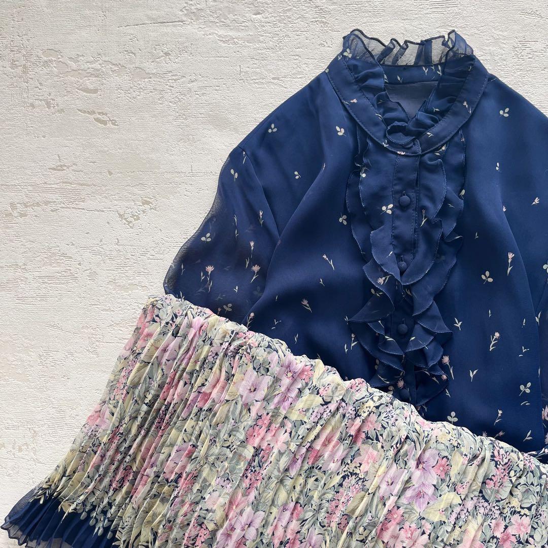 昭和レトロ花柄長袖ロングワンピースフリルネックプリーツ9号af拍卖