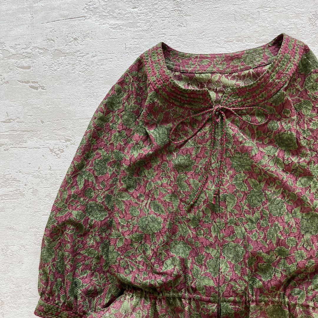 昭和レトロリーフ柄半袖ロングワンピースリボン付きえんじ渋かわフリーサイズb1拍卖