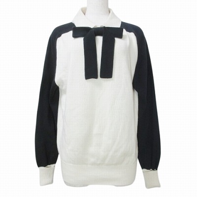 シャネル CHANEL スコットランド製 リボン ニット セーター ココマーク刺繍 コットン 衿付き 長袖 M ホワイト 白 黒 紺 ☆AA★ X拍卖