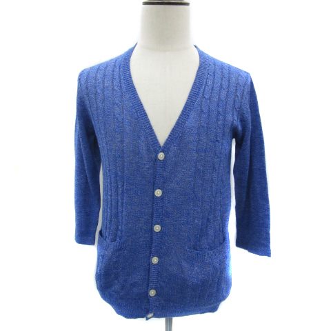 レイジブルー RAGEBLUE ニットカーディガン ミドル丈 Vネック ケーブル編み 麻 リネン混 M 青 ブルー /YS39 メンズ拍卖