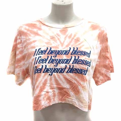 マウジー MOUSSY Tシャツ カットソー クルーネック ショート丈 ロゴプリント 総柄 半袖 F オレンジ 白 ホワイト /YK レディース拍卖