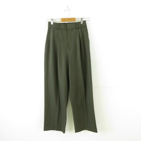 ユニクロ UNIQLO タックワイドパンツ ロング ストレッチ 緑 S *A718 レディース拍卖
