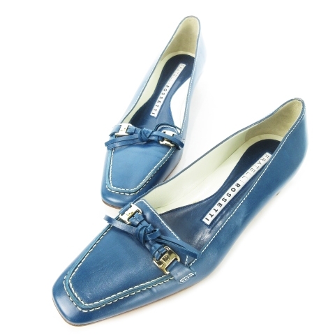 フラテッリロゼッテ パンプス ローヒール スクエアトゥ レザー 革 ローファーデザイン リボン 35 22.0cm 青 ブルー /CK25 ■GY12拍卖