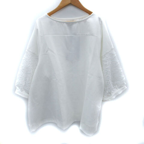 未使用品 アビトーキョー ABITOKYO カットソー 七分袖 ラウンドネック 刺繍 レース 切替 M オーバーサイズ 白 ホワイト レディース拍卖