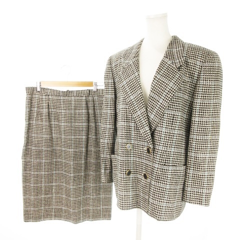 レリアン ダブルスーツ セットアップ 2点セット テーラードジャケット 背抜き タイトスカート ロング ツイード チェック 13 黒 白拍卖