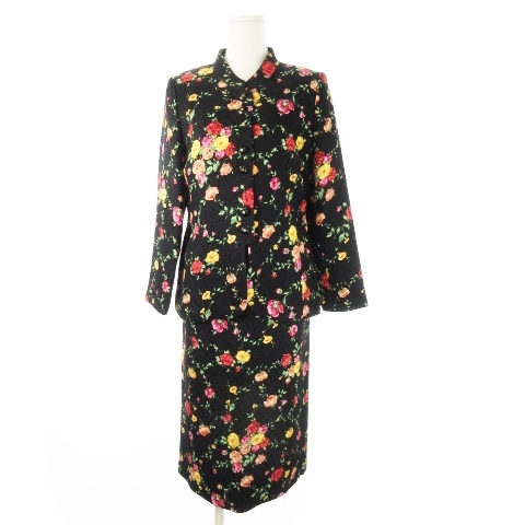 レリアン Leilian セットアップ スーツ ジャケット タイトスカート エンボス サテン プリント ローズ 花柄 9 黒 ブラック /CK28拍卖