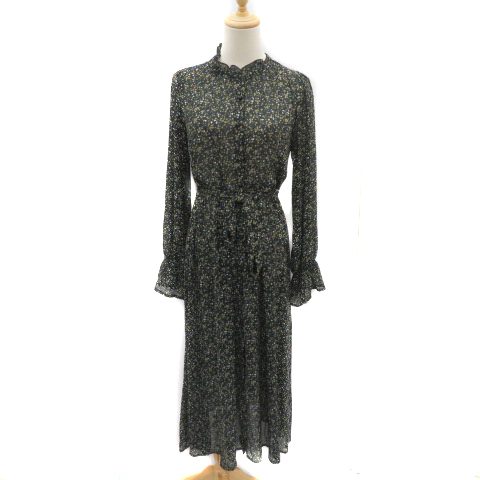 ヘザー シャツワンピース ロング丈 長袖 バンドカラー ウエストリボン シースルー 花柄 F マルチカラー 黒 ブラック レディース拍卖