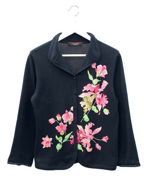 レオナール LEONARD ニット ジャケット カーディガン シルク コットン 40 ネイビー フラワー ジャガード トップス レディース拍卖